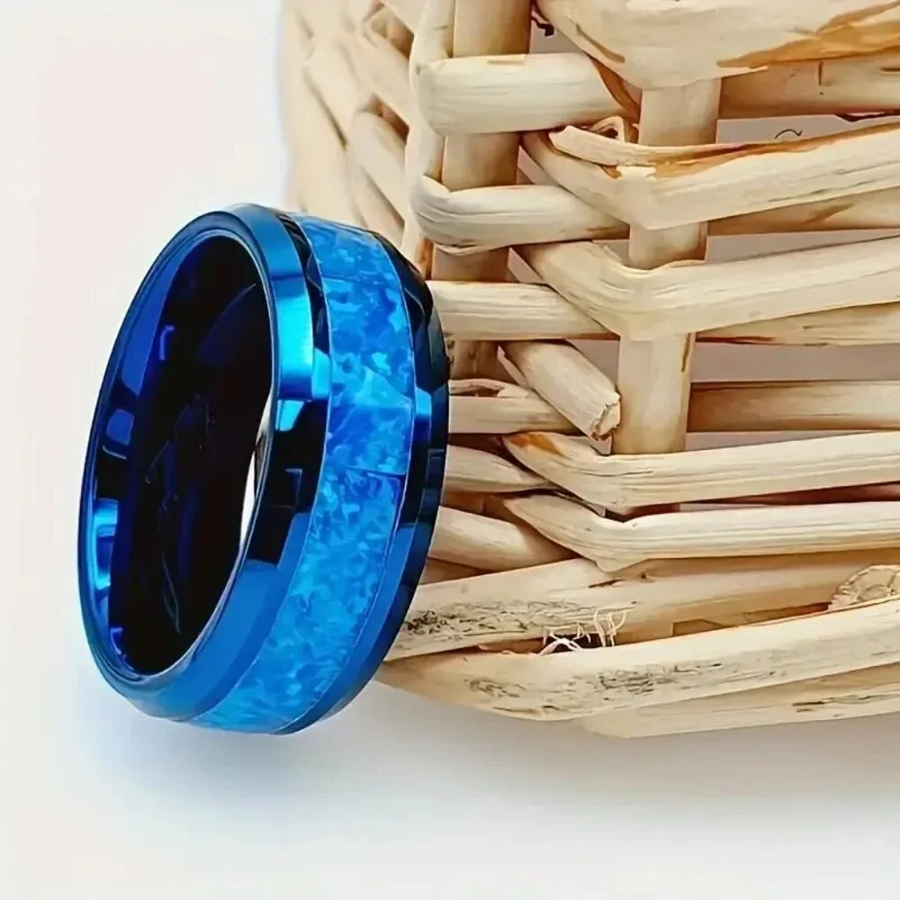 Tungsten Steel Carbide Ring with Center Blue Fire Opal Inlay statement piece